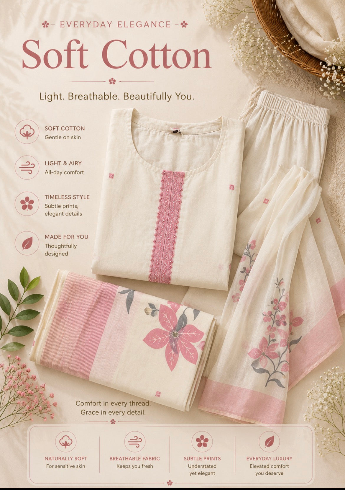 Cream and pink Soft Cotton
