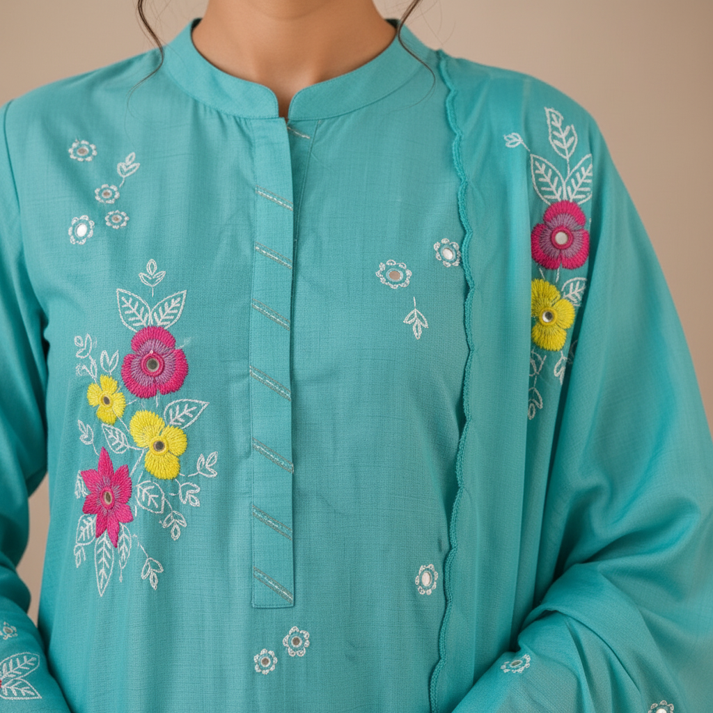 Blue Mul Chanderi-Applique