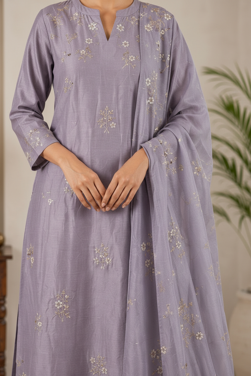 Greyish Lavender Mul Chanderi