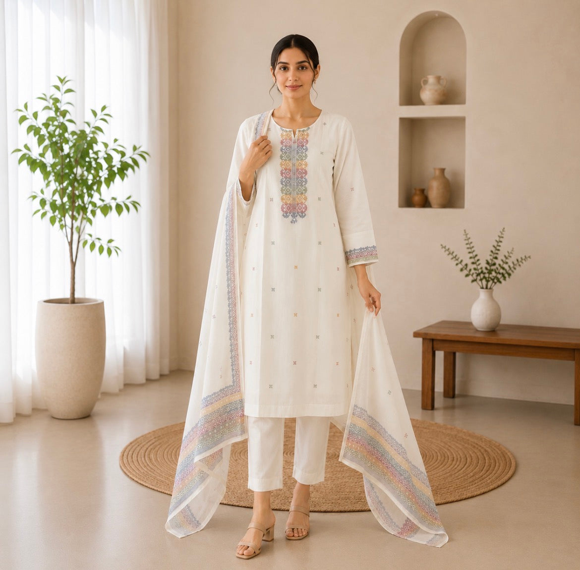 White And Multi Color Cotton