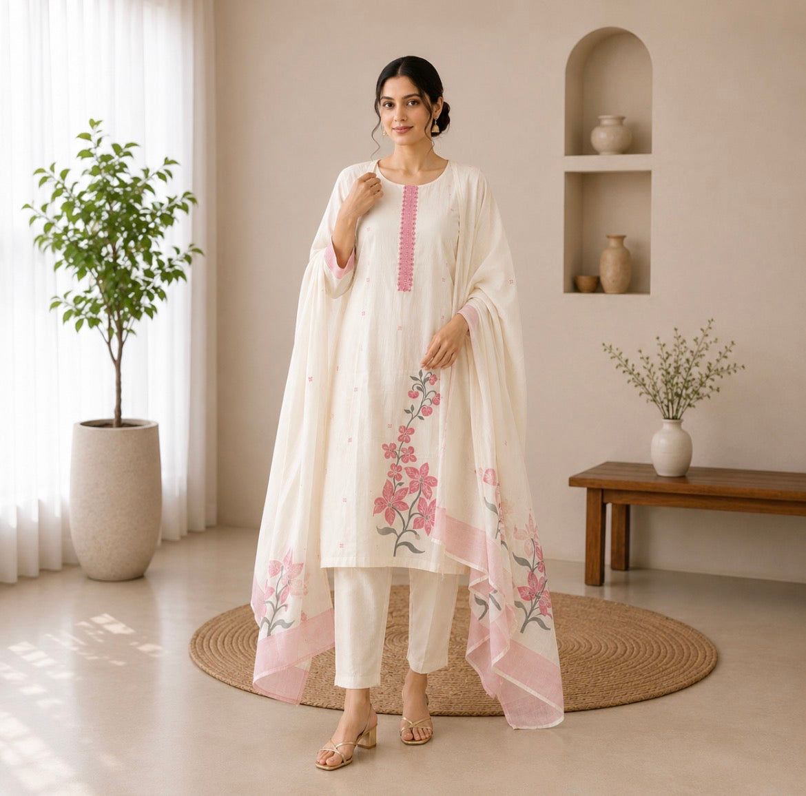Cream and pink Soft Cotton