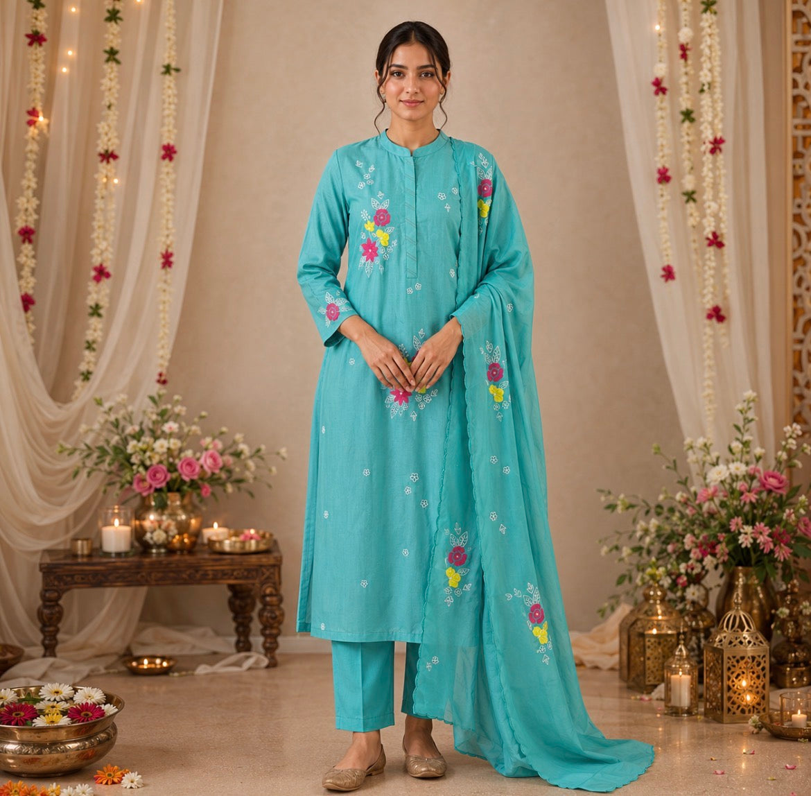 Blue Mul Chanderi-Applique