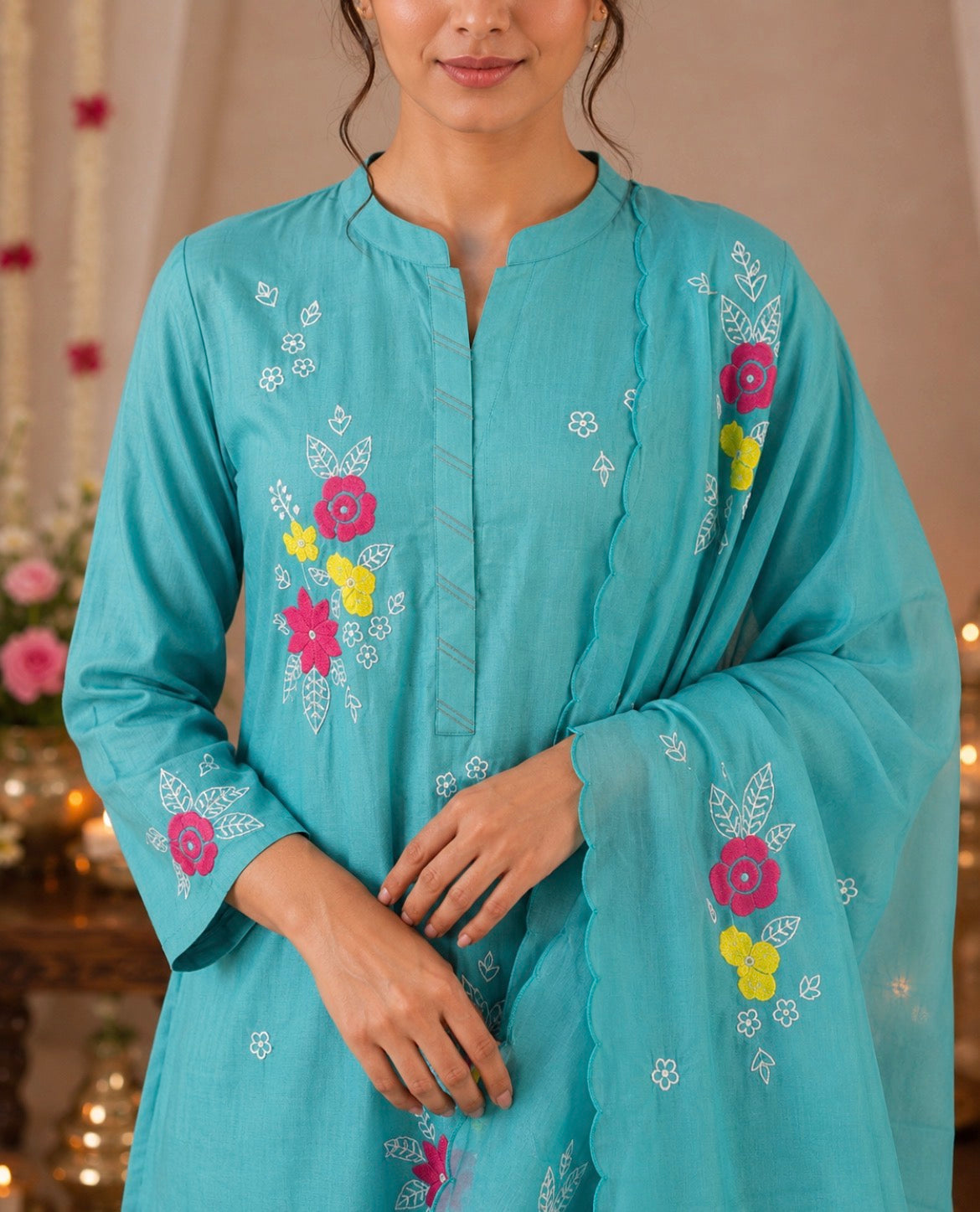 Blue Mul Chanderi-Applique