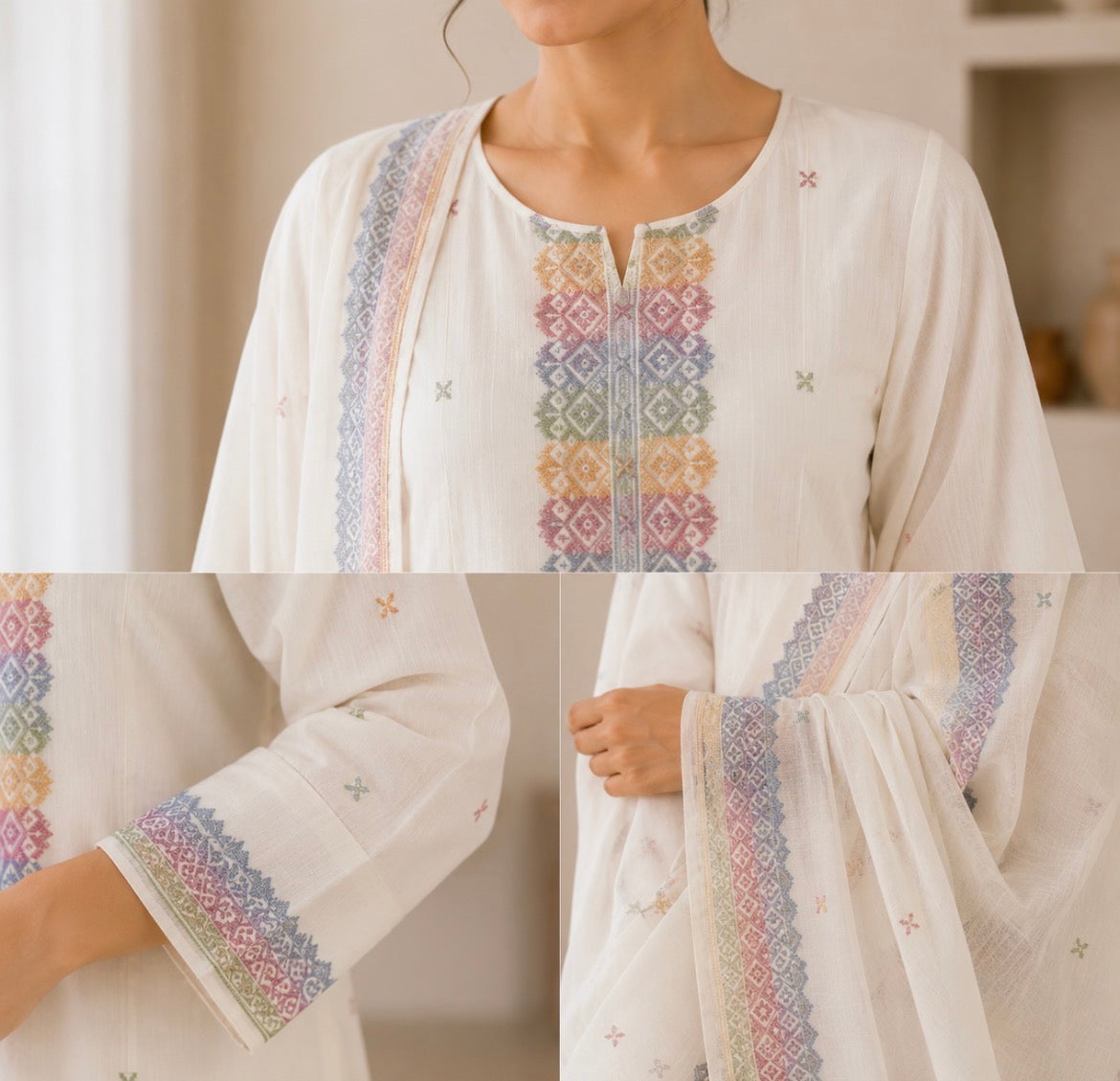 White And Multi Color Cotton