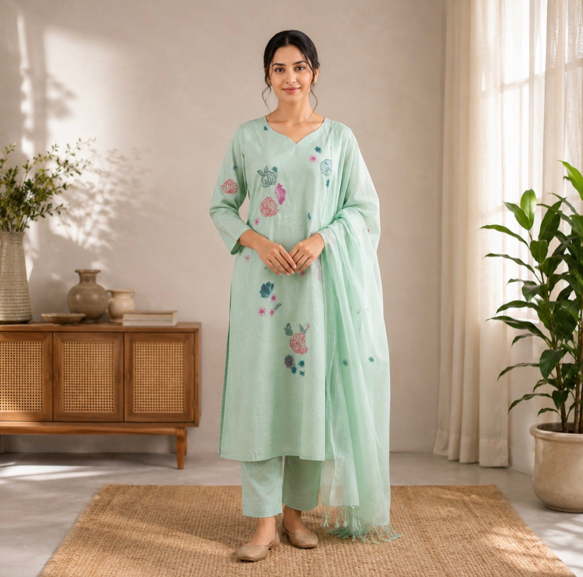 Green Handwork Cotton Suit
