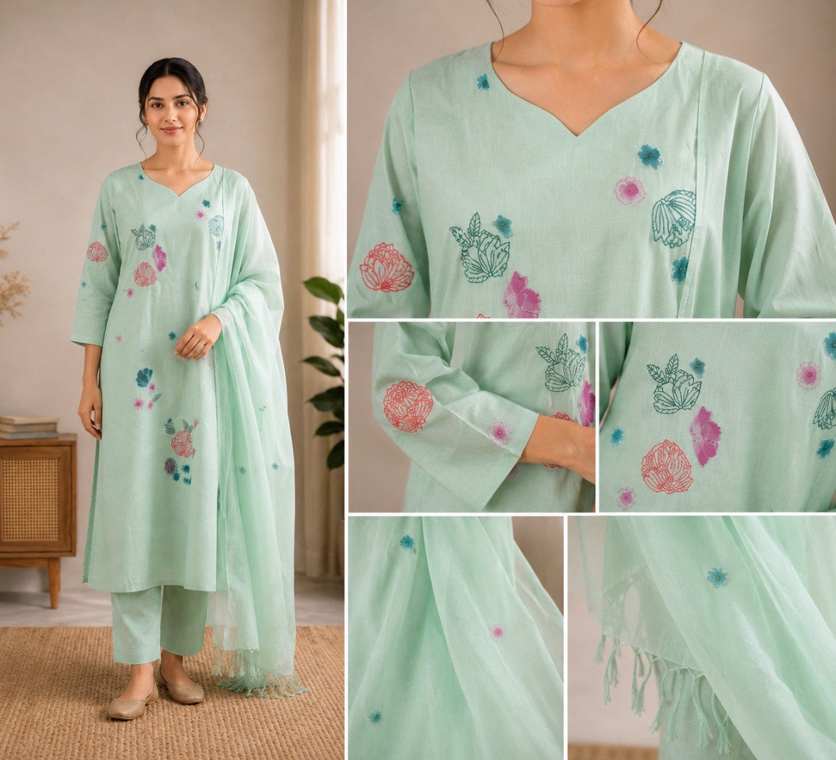Green Handwork Cotton Suit
